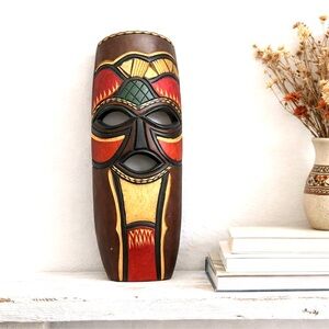 Hand Carved African Tribal Mask Wooden Wall Shelf Art | Ethnic Boho Home Decor